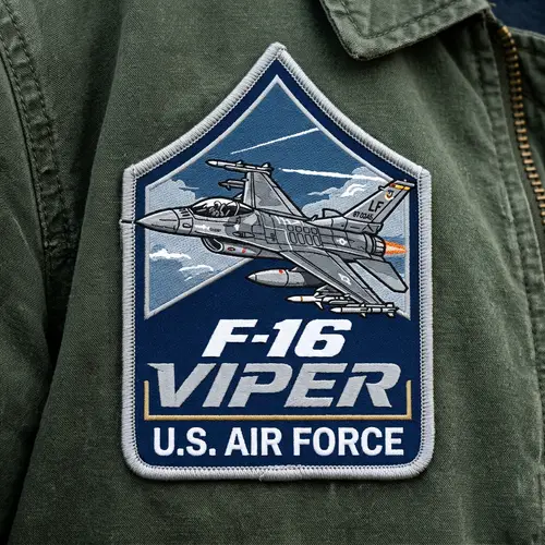 Chevron-Shaped Rectangle with Grey F-16 Fighter Jet