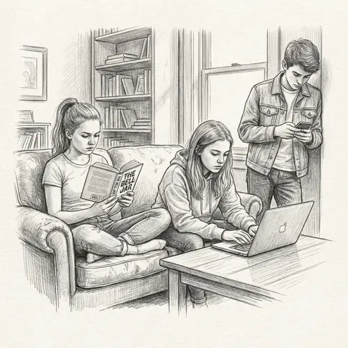 Caucasian Teens Pencil Sketch: Reading & Tech Focus