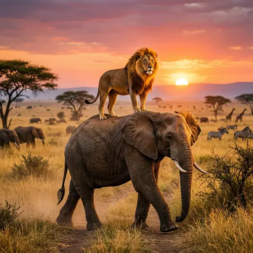 Majestic African Lion Riding Wise African Elephant