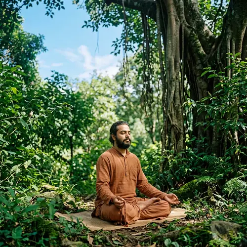 Swami Vivekananda Meditates in Serene Landscape