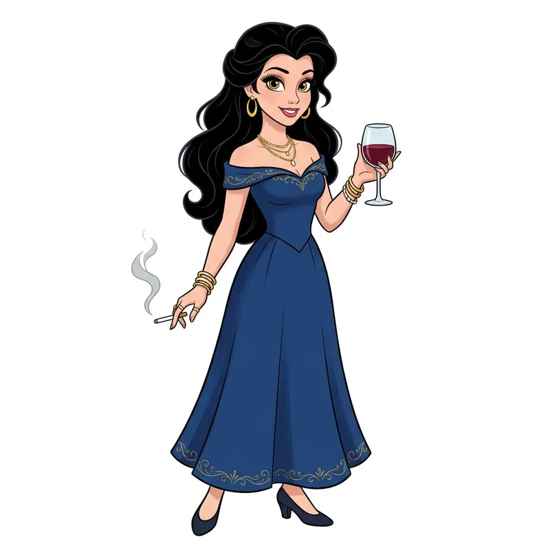 Elegant Disney-Style Cartoon Woman with Wine
