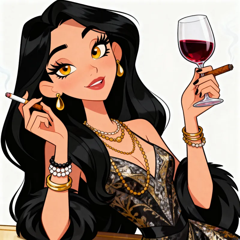 Elegant Disney-Style Cartoon Woman with Wine