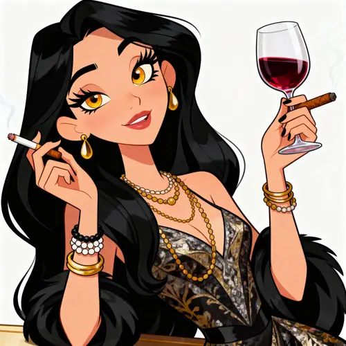 Elegant Disney-Style Cartoon Woman with Wine
