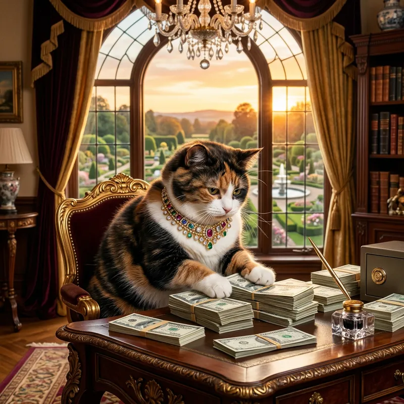 Cat Millionaire Counting Cash in Lavish Mansion