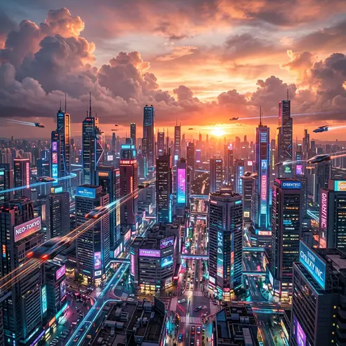 Futuristic Cityscape at Sunset | Vibrant Neon Lights & Flying Cars