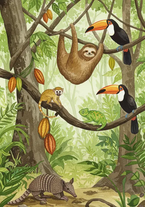 Amazon Rainforest Watercolor with Cocoa Trees & Wildlife