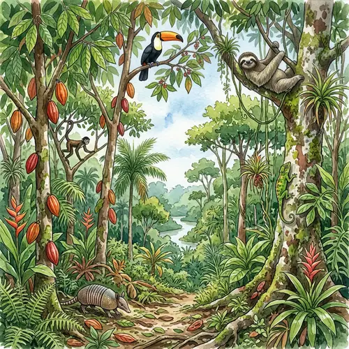 Amazon Rainforest Watercolor with Cocoa Trees & Wildlife