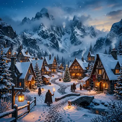 Enchanting Snowy Fantasy Village in Mountains