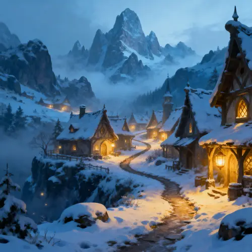 Enchanting Snowy Fantasy Village in Mountains