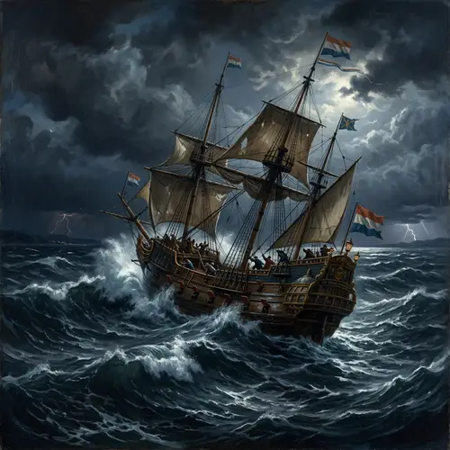 Majestic 17th-Century Ship Sailing Through Stormy Night