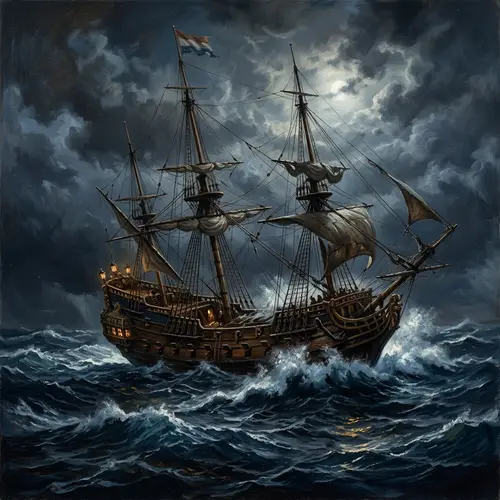 17th-Century Ship Battling Stormy Night