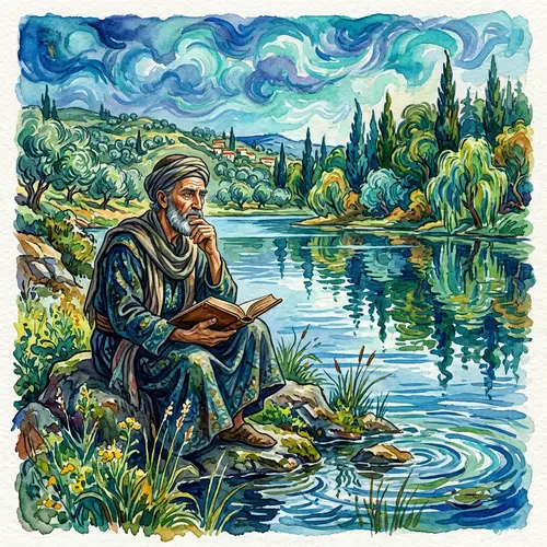 Middle-Eastern Male Philosopher Watercolor Art Inspired by Van Gogh