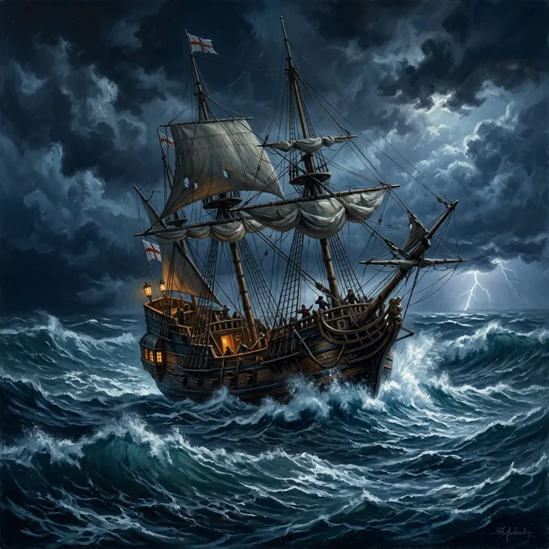 Majestic 17th Century Ship Sailing Through Stormy Night - Historical Genre Painting