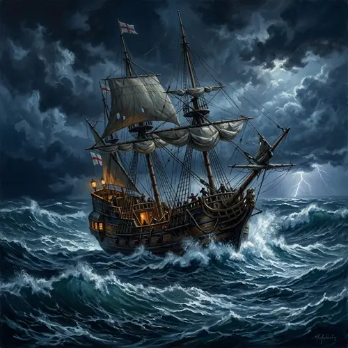 17th Century Ship Battling Nocturnal Storm - Historical Genre Painting