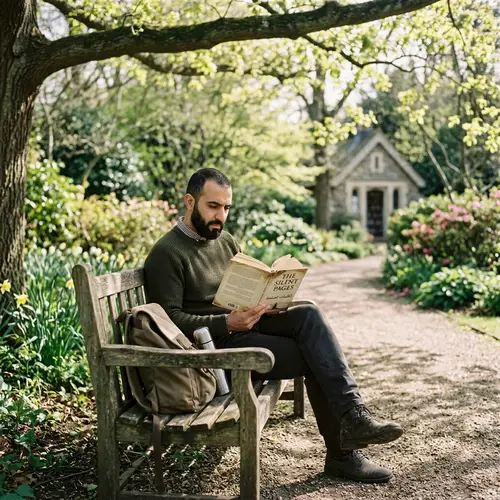 Solitary Middle-Eastern Man Immersed in Thick Novel at Tranquil Location