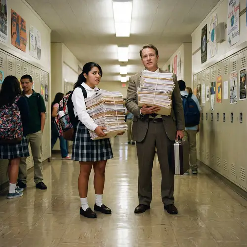 Student and Teacher Carrying Papers in School