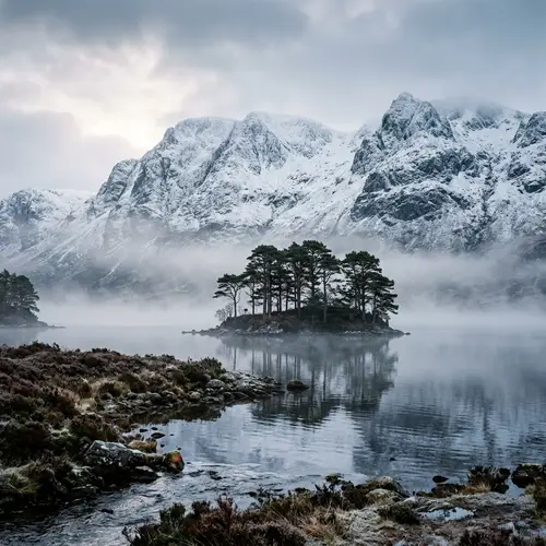 Scottish Landscape: Snowy Mountain, Loch, and Pine Trees
