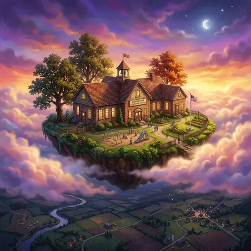 Surreal Village Elementary School Floating in Twilight Sky