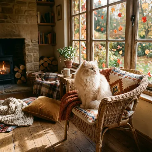 Adorable Cream Persian Cat Watching Autumn Leaves