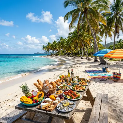 Idyllic Beach Scene with Gourmet Food Spread