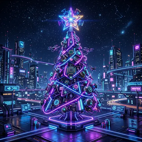 Futuristic Cyber-Themed Christmas Tree Decorated with Neon Lights