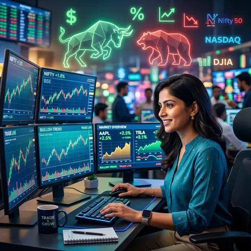 Bright Stock Trading Avatar: Confident South Asian Woman in Markets