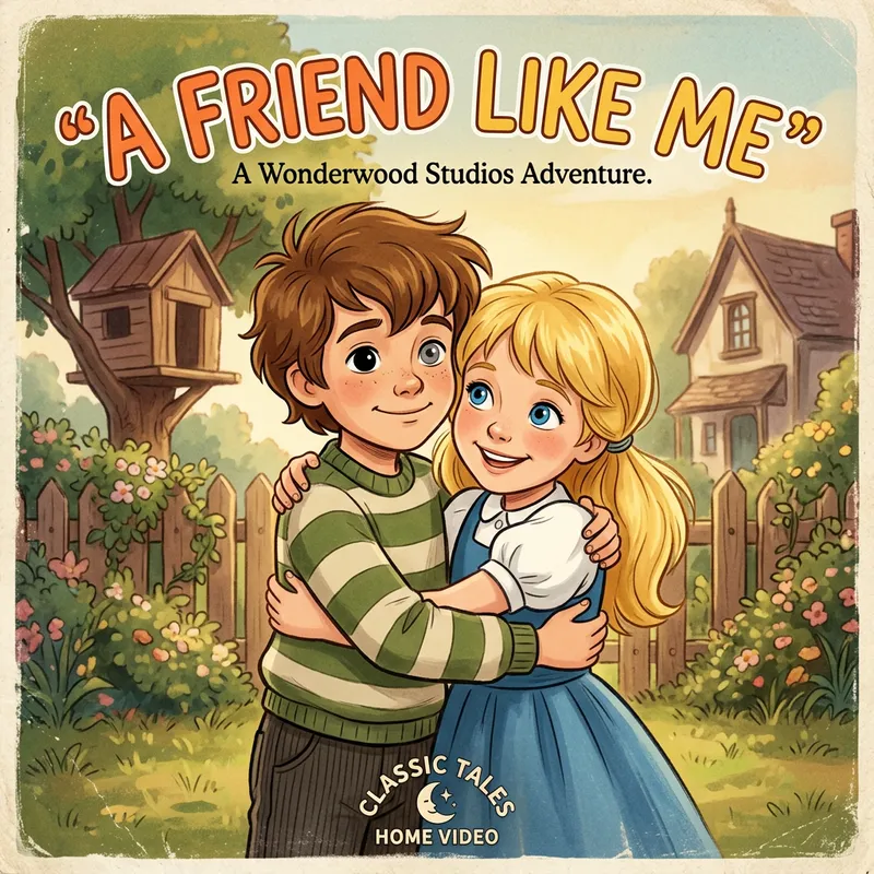Charming Disney Pixar Cover Art: Brown-Haired Boy with Mismatched Eyes Embracing Blue-Eyed Blonde Girl