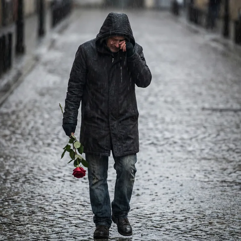 Emotional Scene in the Rain: Tears, Thorns, and a Red Rose