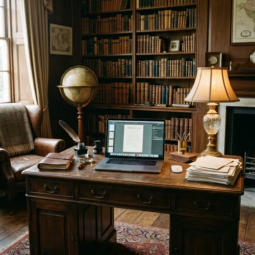 Vintage Study Room Scene with Modern and Classic Elements