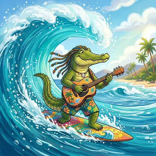 Crocodile with Braids Playing Guitar | Surfing Wave Illustration