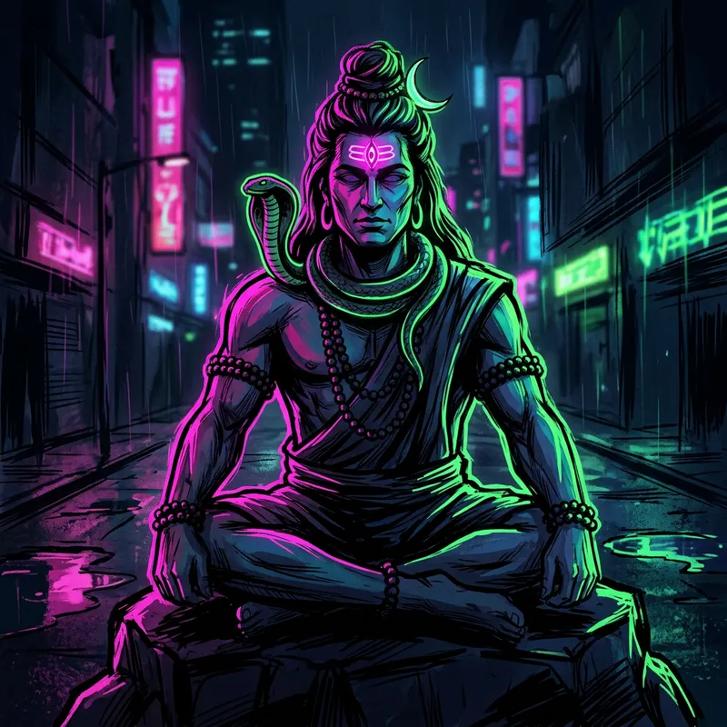 Cyberpunk Lord Shiv - Neon Art with Bold Brushstrokes Cyberpunk Lord Shiv - Neon Art with Bold Brushstrokes