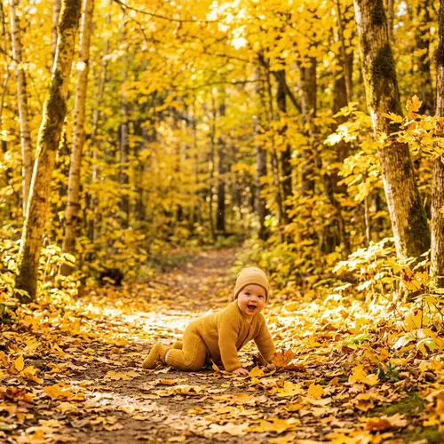 Joyful Newborn Infant in Vibrant Yellow Forest