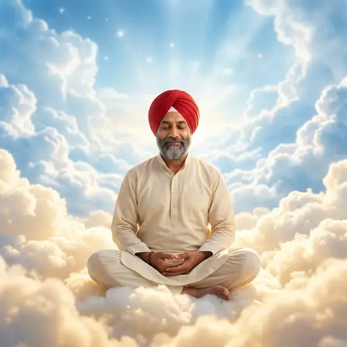 Sikh Man in Red Turban Meditating in Serene Heaven