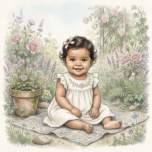 Whimsical Garden Scene with 'Flower': Hispanic Baby Girl Sketch