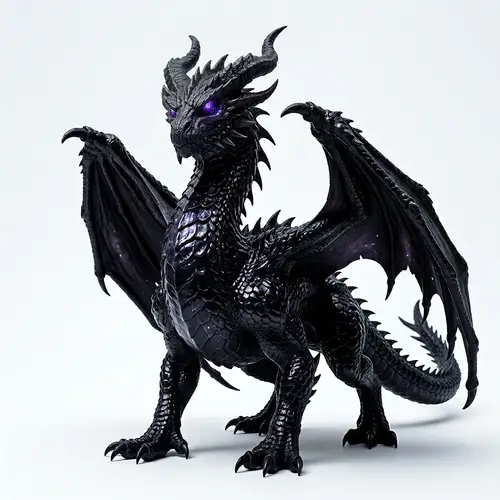 Mystical Black Dragon with Violet Eyes on White Background