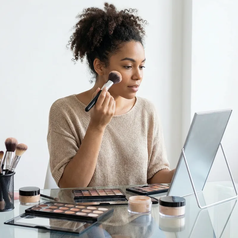 Realistic Makeup: Young Woman Applying with White Wall Background