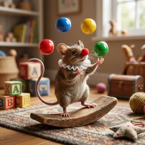 Cute Clumsy Mouse Juggling Balls on Balance Board