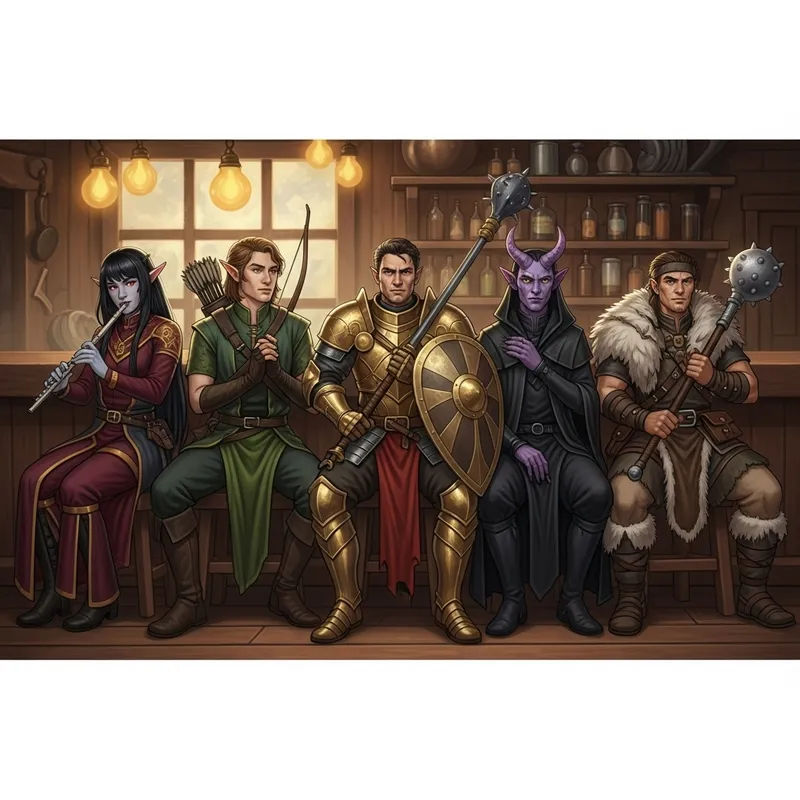 Five Adventurers in a Tavern Scene Five Adventurers in a Tavern Scene