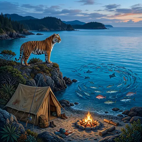 Tranquil Marine Scene with Tent, Fishing Rod, and Majestic Tiger