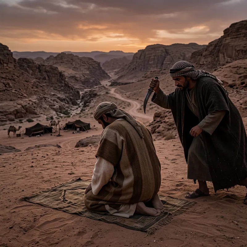 Man Praying Betrayed and Stabbed in Pre-Islamic Desert Scene Man Praying Betrayed and Stabbed in Pre-Islamic Desert Scene