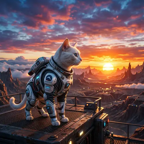 Futuristic White-Furred Cat in Stunning Sunset Scene