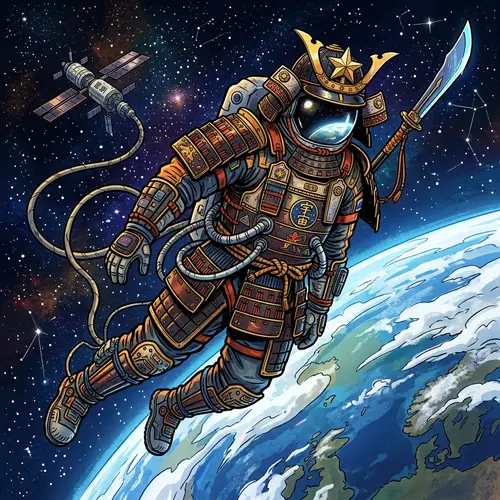 Astronaut in Space: Samurai-Inspired Gear Artwork