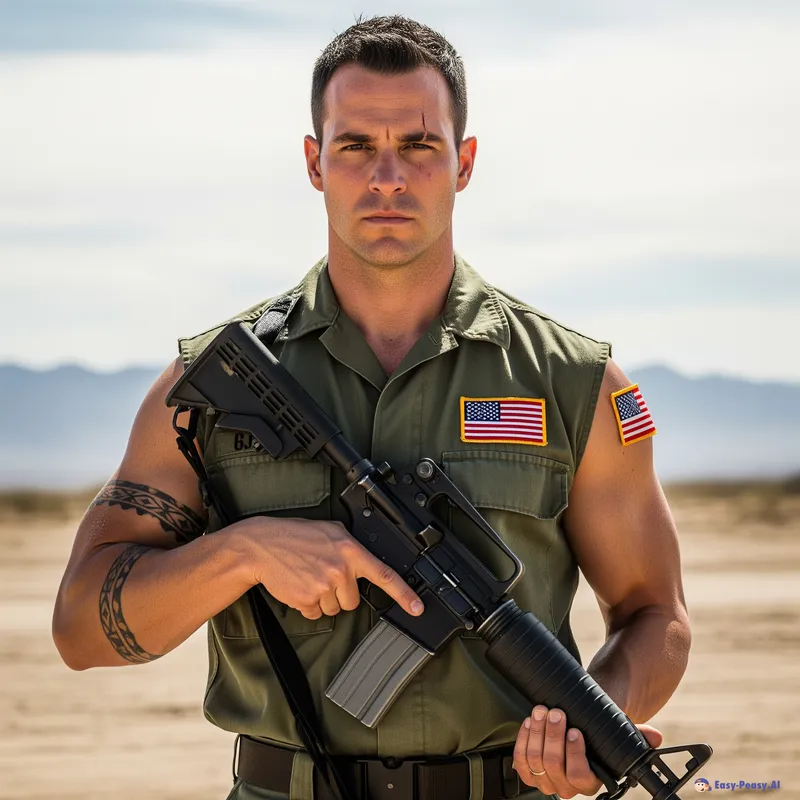 Sleeveless Army Man with Gun - Military Action