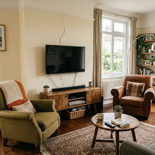 Cozy Living Room with TV and Unique Wall Feature