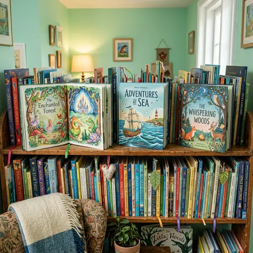 Diverse Picture Book Collection on Wooden Shelf | Library Décor