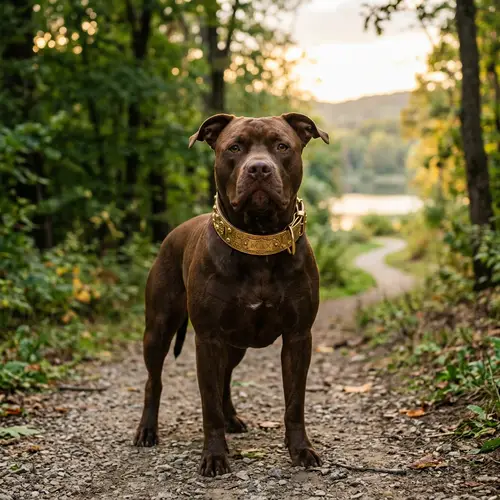 Strong Brown Pit Bull with Beautiful Gold Collar
