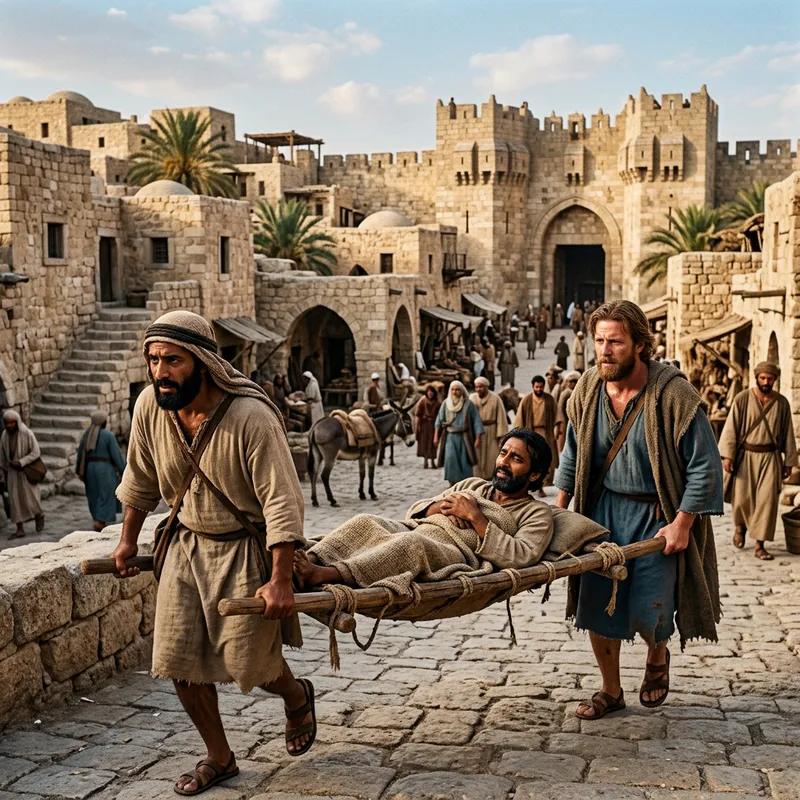 Ancient Israeli Men Transporting Sick Man at a City Gate