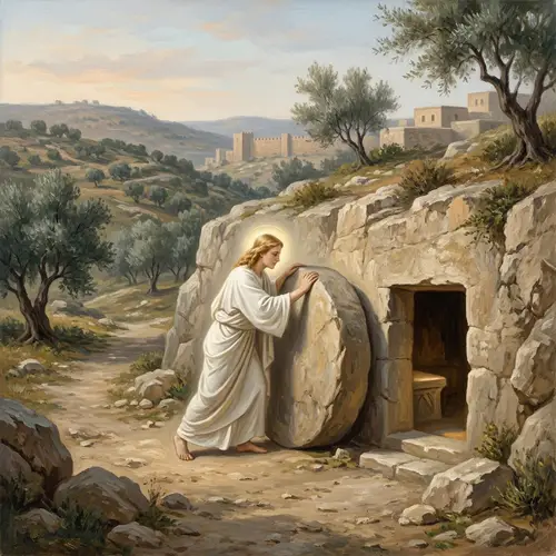 Historical Depiction of Ancient Israel with Serene Angel Turning Stone