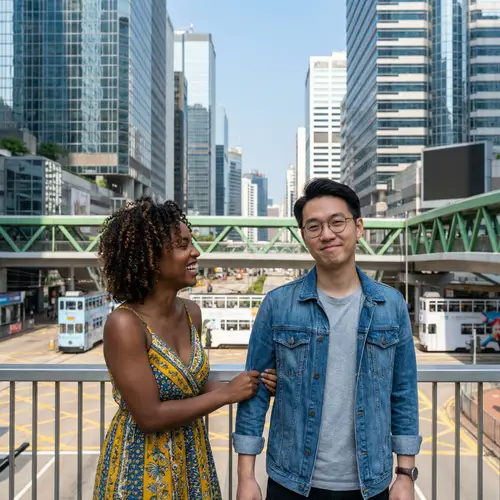 Modern Urban Scene: Curly-Haired Black Woman and Thoughtful Asian Man