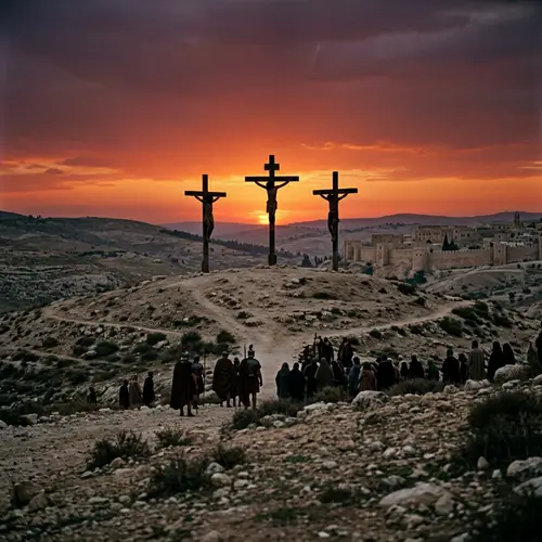 Ancient Landscape in Israel: Crucifixion Scene at Sunset